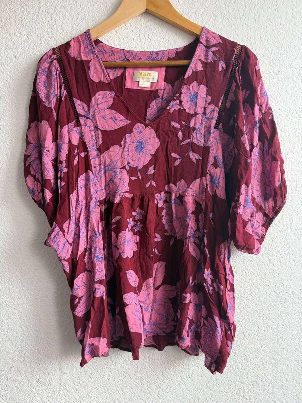 Anthropologie Maeve Burgundy Top Pink Floral Print Size Small